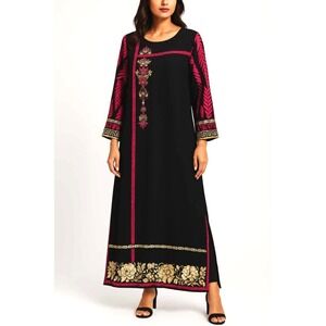 Embroidered Kaftan Maxi Dress –Beaded Floral Trim, Side Slits, Boho Ethnic Style